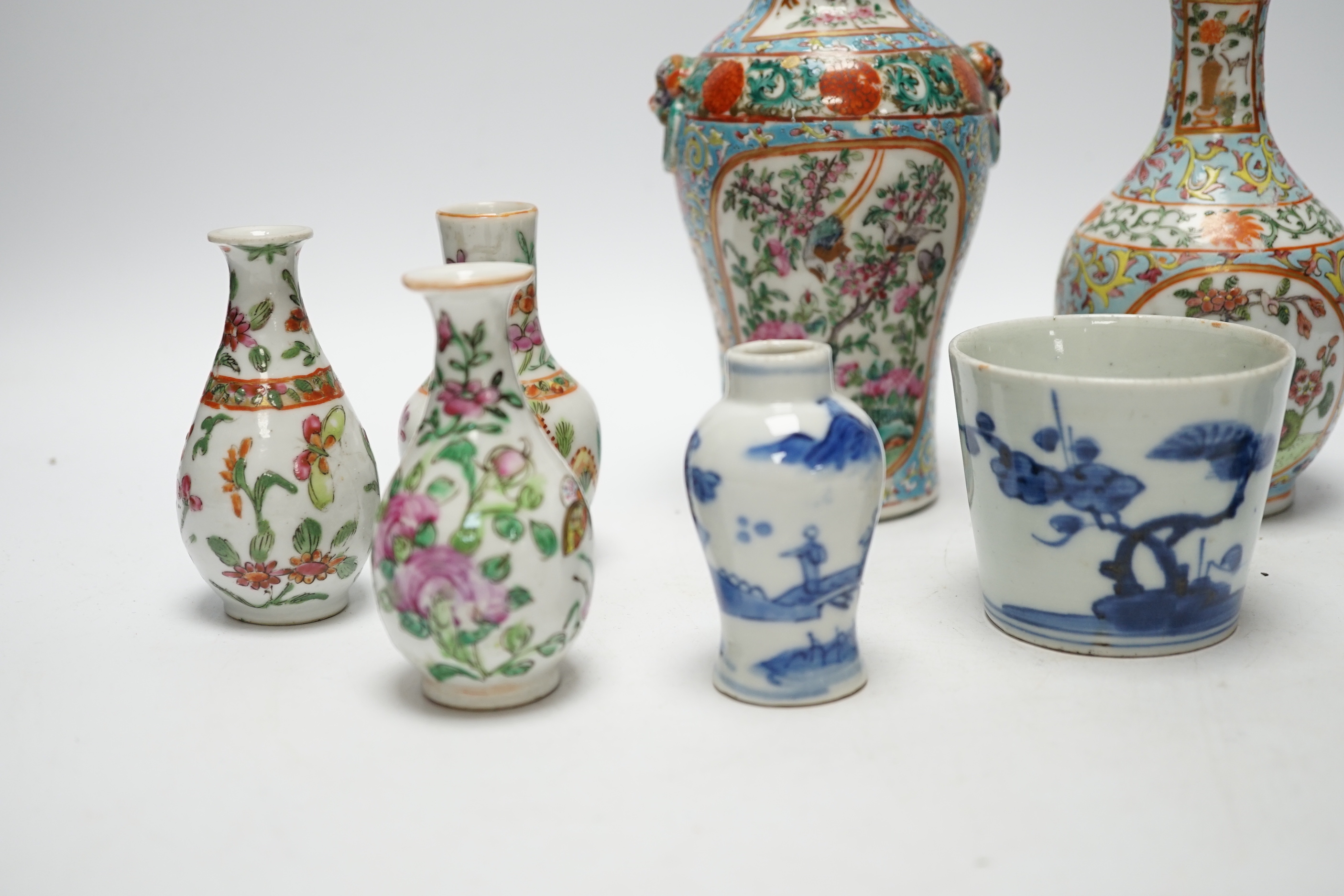 A group of Chinese famille rose small vases and blue and white items, late 19th/early 20th century (8) tallest 16cm